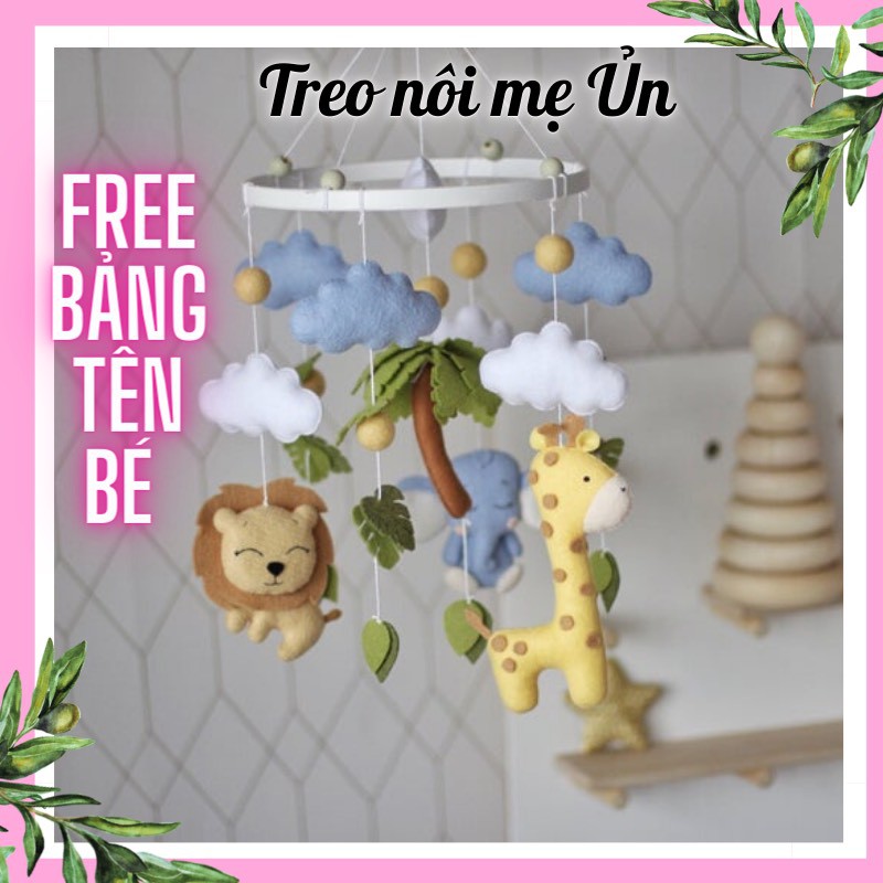 Đồ chơi treo nôi cũi kích thích thị giác cho bé sơ sinh, treo nôi đen trắng tự xoay phát nhạc mẫu THÚ RỪNG VOI XANH