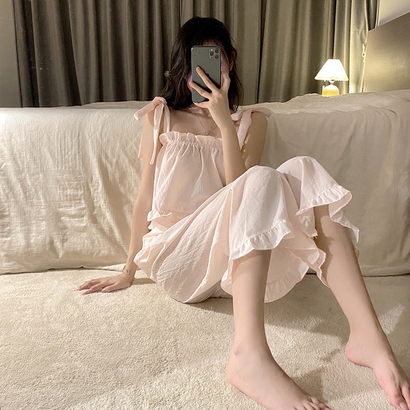 Đồ Ngủ_ Đồ Bộ Nữ Mặc Nhà Chất Mát 2 Dây Thắt Nơ Viền Bèo Quảng Châu