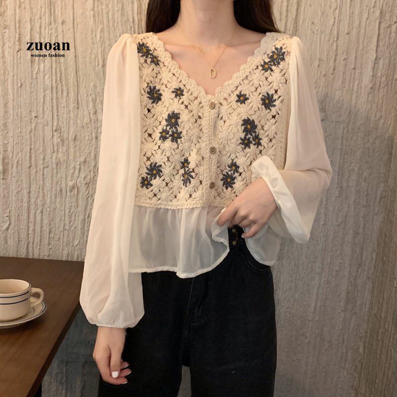 SUXI Áo sơ mi voan cổ tim thêu họa tiết hoa cúc thanh lịch thời trang cho nữ