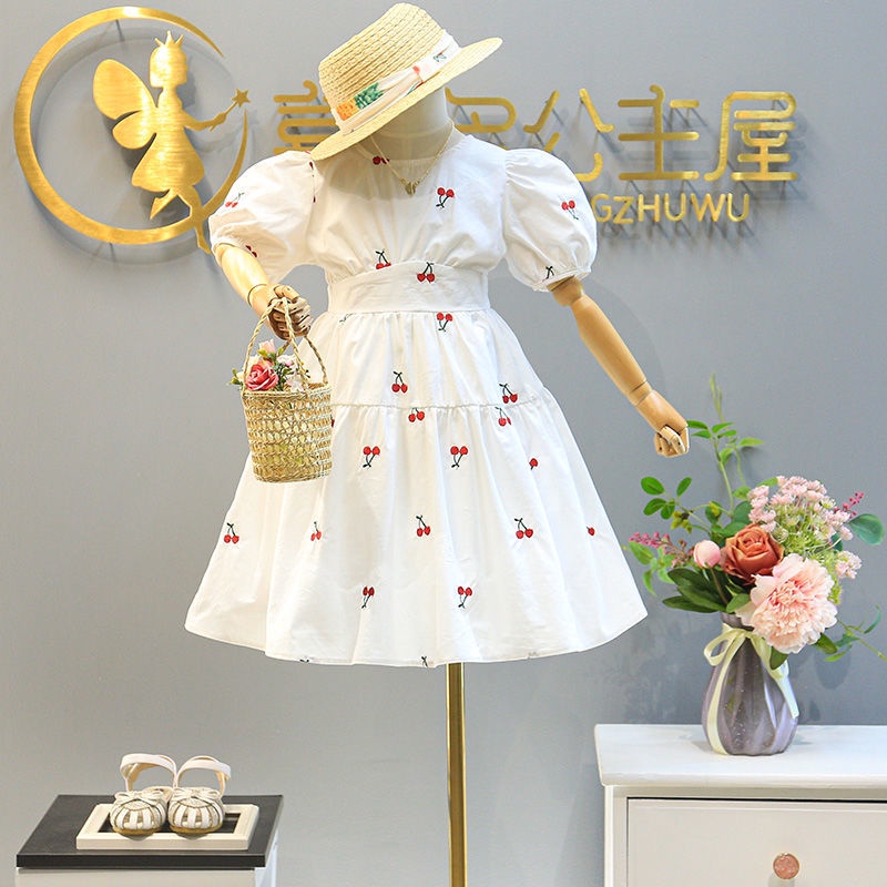 Đầm dáng chữ A họa tiết quả cherry dễ thương phong cách phương tây thời trang mùa hè cho bé gái