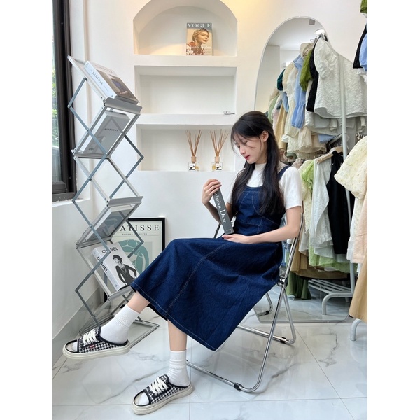 [Ảnh thật/Videi]Yếm jean Hàn dáng dài xoè nhẹ tôn dánh Đầm xoè hai dây Hàn Quỗ