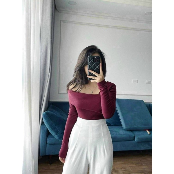 áo lệch vai bo gân tay dài vkv