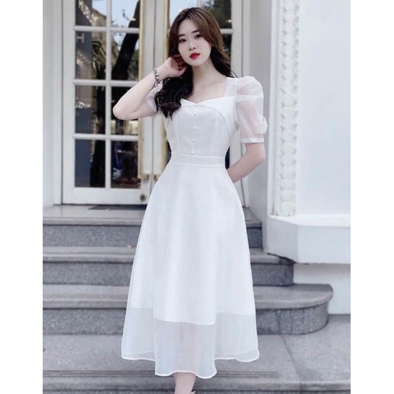 Đầm váy nữ voan 2 lớp họa tiết tay nơ đinh cườm ngọc tôn dáng trẻ trung sang trọng thanh lịch siêu xinh