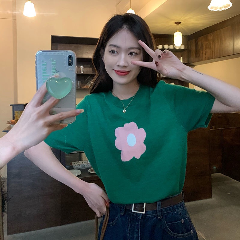 Áo thun COZOKC dệt kim tay ngắn dáng ôm in họa tiết hoa thời trang mùa hè cho nữ