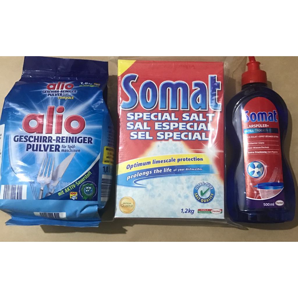 Combo Bột rửa bát Alio 1,8kg+ Nước Bóng Somat 750ml+ Muối Somat 1,2kg