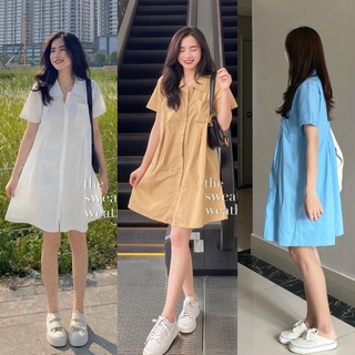 Váy sơ mi cổ đức đầm chữ A có túi ngực thanh lịch