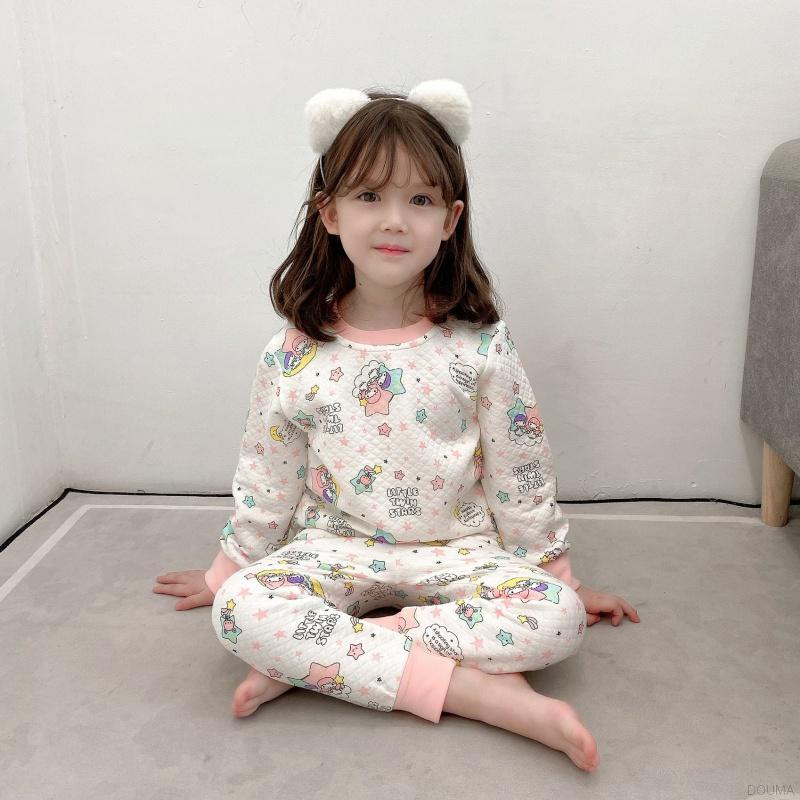 Bộ đồ ngủ 2 món vải cotton in hoạt hình kiểu Hàn Quốc dễ thương cho bé