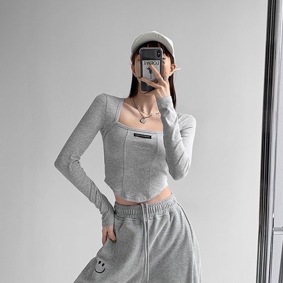 Áo thun tay dài cổ vuông phong cách Hàn Quốc thời trang mùa thu cho nữ