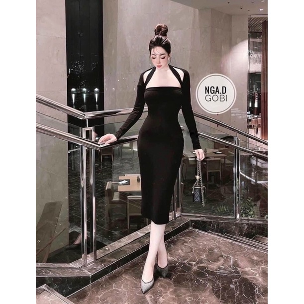 ĐẦM BODY TAY DÀI KHOÉT VAI DÂY CHOÀNG CỔ PHONG CÁCH DỰ TIỆC