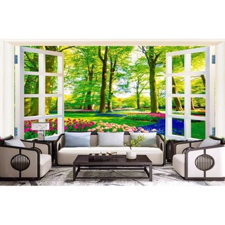 Tranh Dán Tường 3D cửa sổ hoa tulip - vải lụa kim tuyến - Kích thước theo yêu cầu