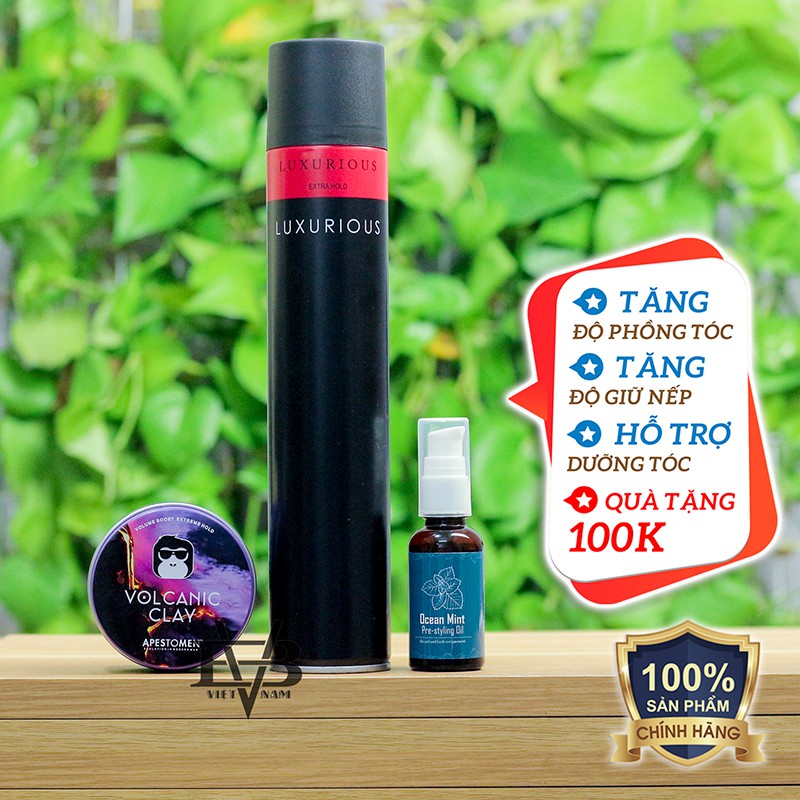 COMBO gôm xịt tóc Luxurious + Sáp vuốt tóc nam Apestomen Volcanic Clay V5 2021 + Tặng Lược Texture cao cấp
