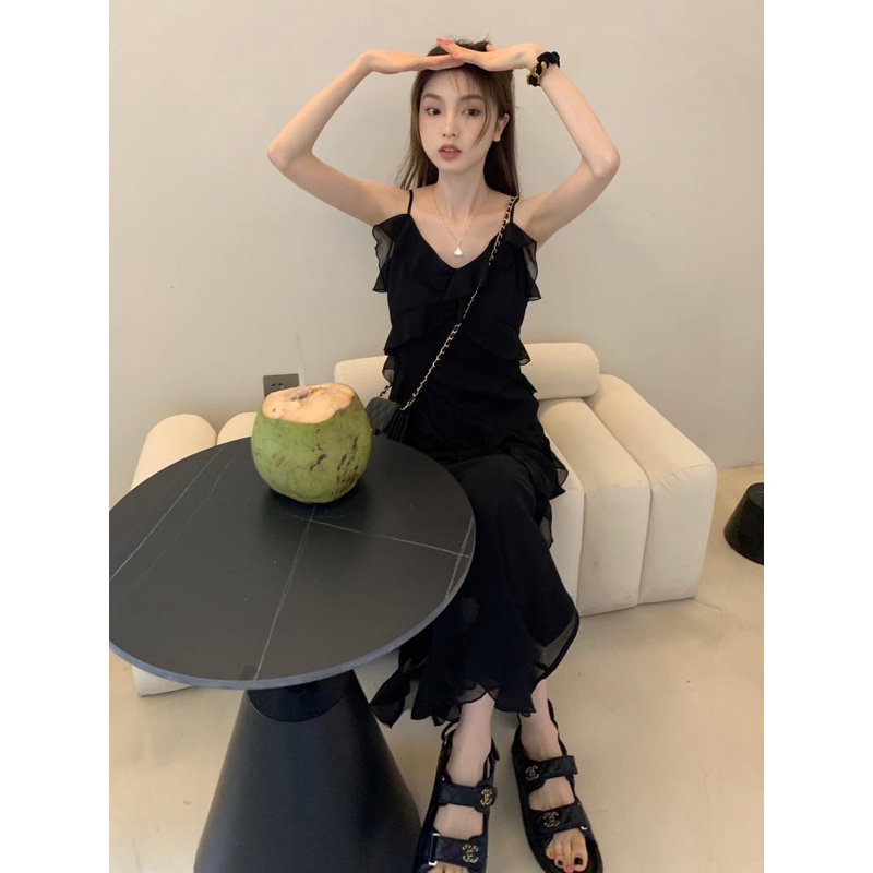 Đầm Lửng Hai Dây Mỏng Màu Đen Thời Trang Mùa Hè 2022 Dành Cho Bạn Nữ