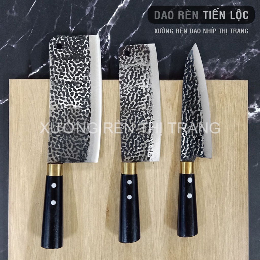 Bộ Dao Làm Bếp Thép Nhíp Dập Vân 2 Mặt, Dao Chặt Cây, Chặt Xương, Thái Lọc