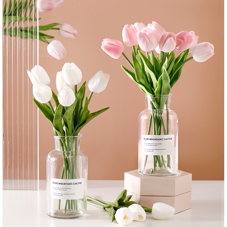 Combo hoa tulip lá thẳng kèm bình cực sang trọng - Hoa giả trang trí, để bàn