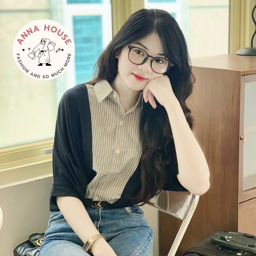 Áo sơ mi nữ tay ngắn cánh dơi cổ phối kẻ sọc form rộng oversize chất cotton, Áo sơ mi nữ cộc tay lỡ cánh dơi Hàn Quốc