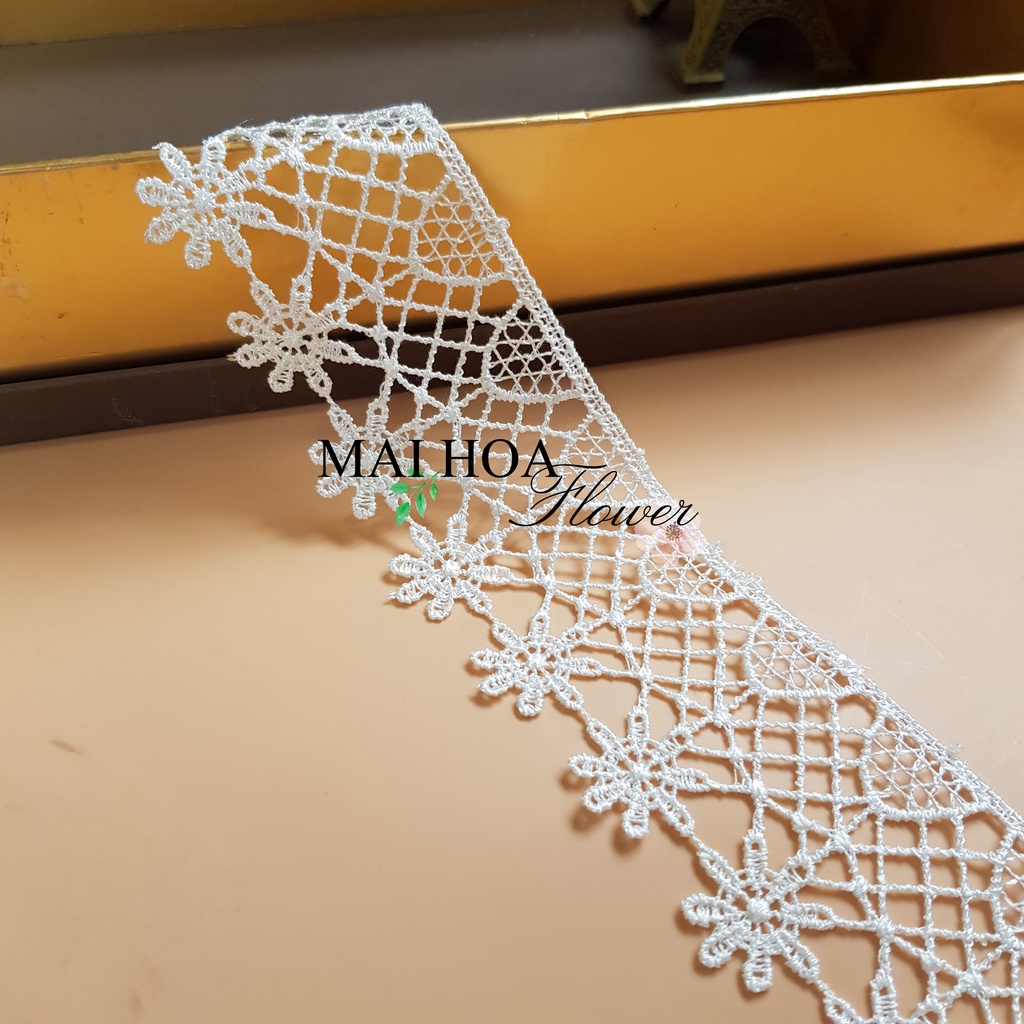 RC12 Cuộn 10 mét dây ren viền váy ren may đồ ren chỉ trắng rộng 5cm Maihoaflower