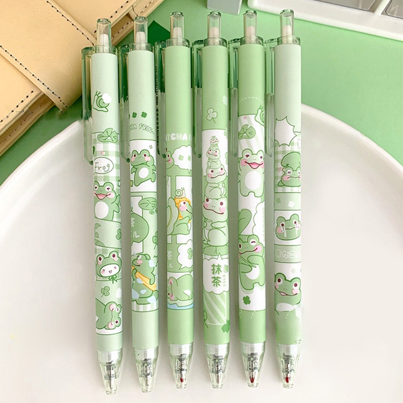 Set 6 Bút Bi Nước Mực Đen Ngòi 0.5mm Hình Ếch Xanh Có Thể Thu Gọn