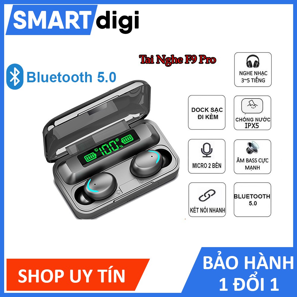 Tai nghe Bluetooth F9 Pro bản cao cấp - Nút cảm ứng đa điểm - Tai nghe nhét tai không dây màn hình led - Chống nước IPX7