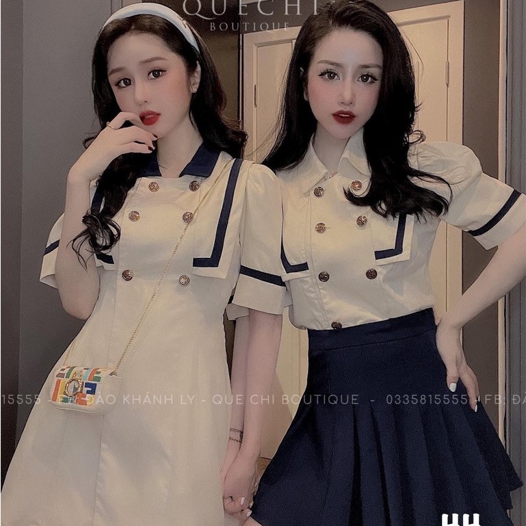 Set Áo Thủy Thủ Cổ Thuyền Viền Mí Mix Chân Váy Xếp Li Xanh