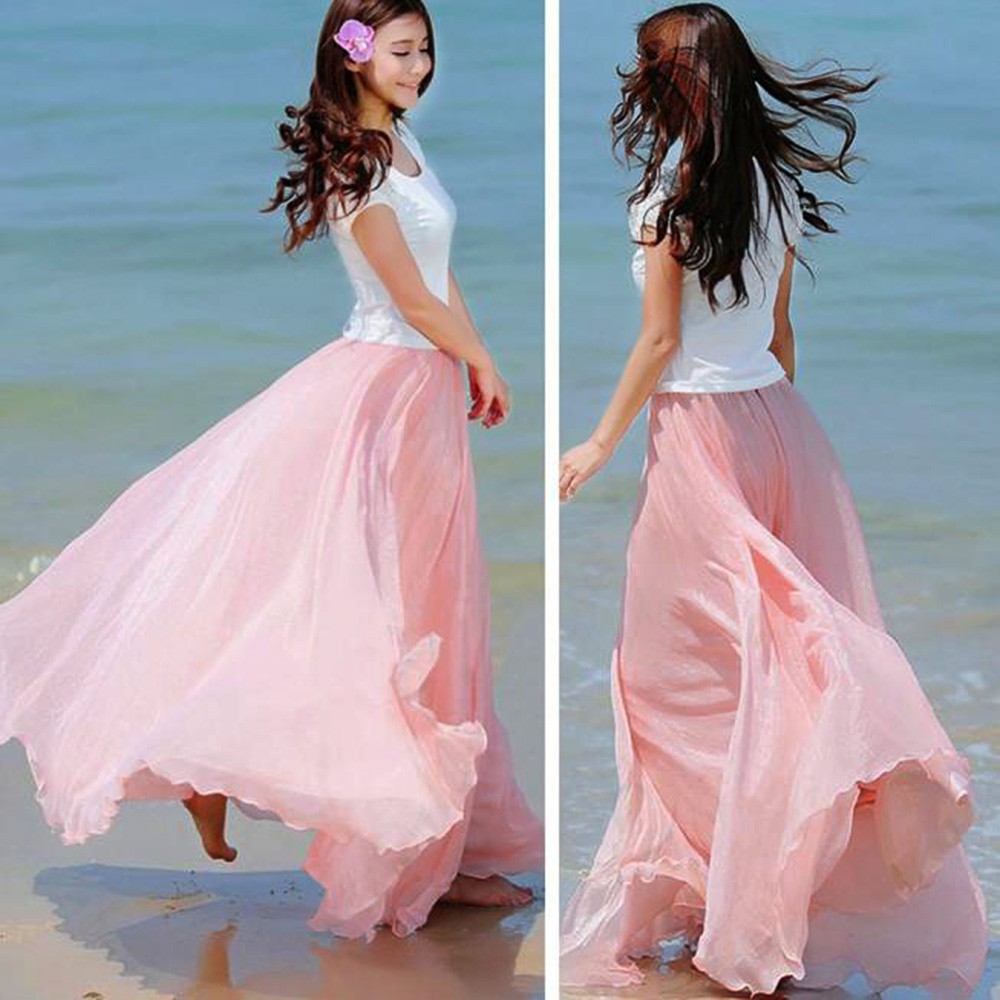 Đầm Maxi Chất Chiffon Lưng Thun Co Giãn Thiết Kế Thanh Lịch