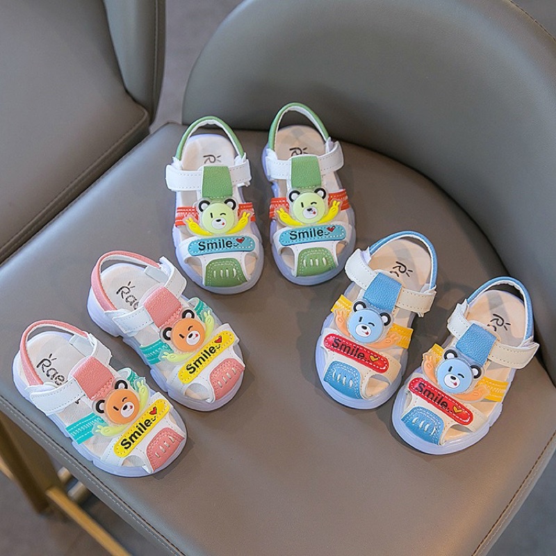 Sandal bé trai dép rọ tập đi cho bé trai bé gái con gấu da PU mềm có quai dán nhiều màu sắc smile A335 BabyBees (16-25)