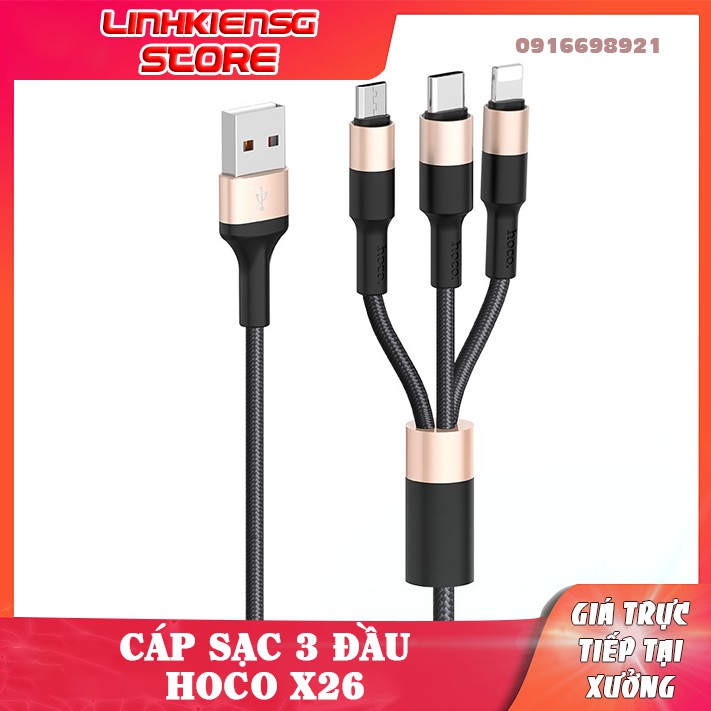 Cáp Sạc Hoco X26 3 Đầu IP- Micro Usb-Type C Dây Dù Chống Đứt Dài 1M