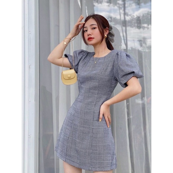 Đầm xòe chữ A sọc caro xám tay bồng nhẹ cực xinh, không kén dáng dễ mặc