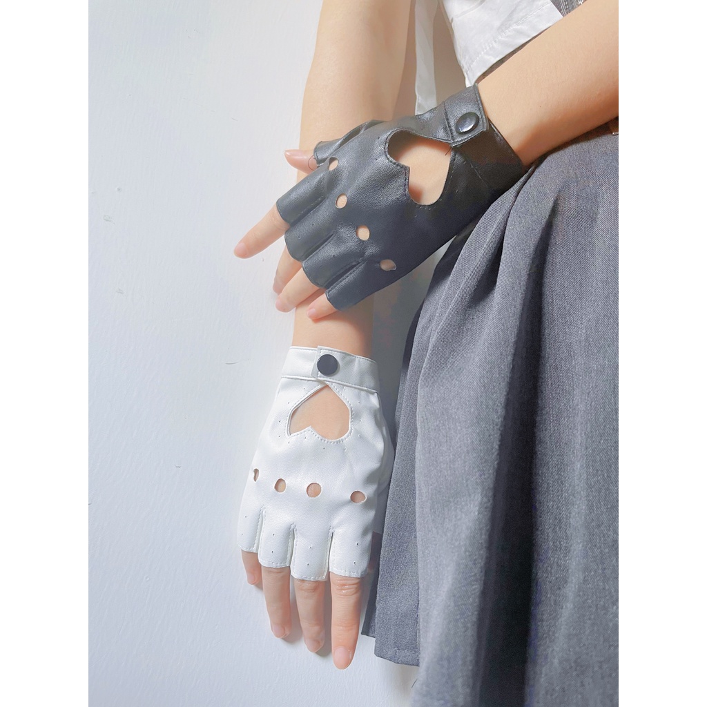 Fingerless Gloves Anime PU Leather Black White Pink Gloves Fashion Streetwear Women Punk Goth Lolita Gloves