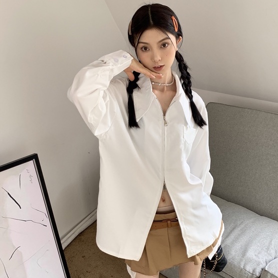 Áo sơ mi ZHELIHANGFEI tay dài dáng rộng phối khóa kéo hai chiều phong cách học đường thời trang dành cho nữ