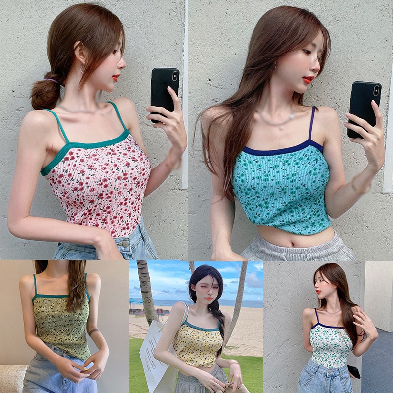 Áo Croptop Dệt Kim Sát Nách Hoạ Tiết Hoa Thiết Kế Ôm Sát Tôn Dáng