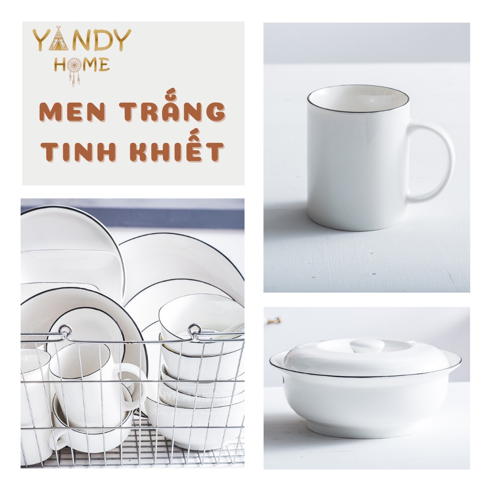 Bát đĩa gốm sứ YANDY HOME BB07 men trắng bóng viền đen trang sọng