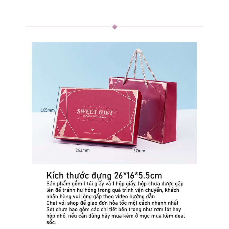 Set hộp 26*16*5.5 cm đựng quà tặng đỏ sweet sang trọng sinh nhật bạn gái bạn trai đối tác, valentine, ngày lễ có quai