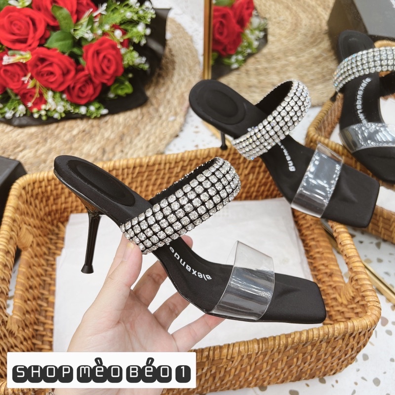 Guốc wang quai đá ngang mica gót nhọn fullbox