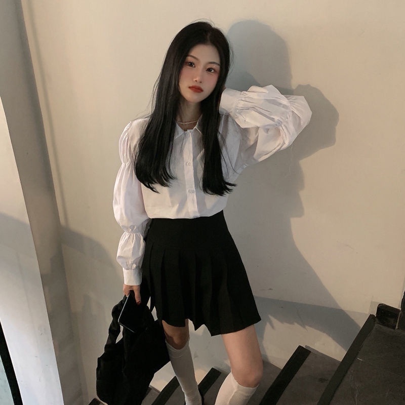 Áo Sơ Mi Trắng Tay Dài Phồng Dáng Rộng Kiểu Retro Hồng Kông Cá Tính Cho Nữ