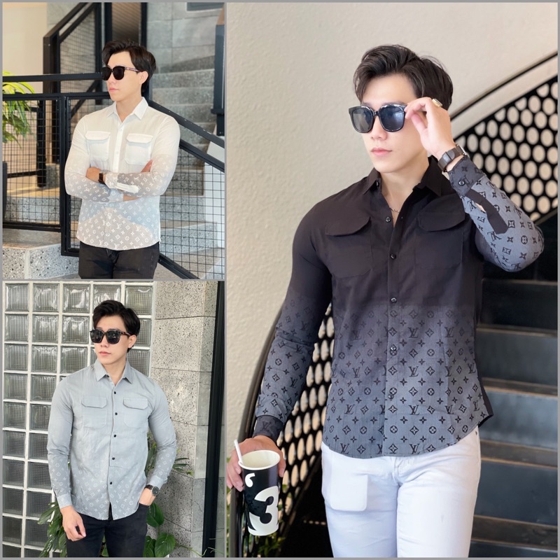 Áo Sơ Mi Nam Đũi Tay Dài Phối Túi Nắp in Loang Chữ SMTD