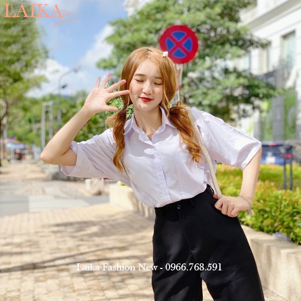 Áo sơ mi trắng đi học form rộng tay lỡ có túi cổ bẻ V kiểu áo sơ mi học sinh rộng tay ngắn màu trắng xanh đi học vải mát