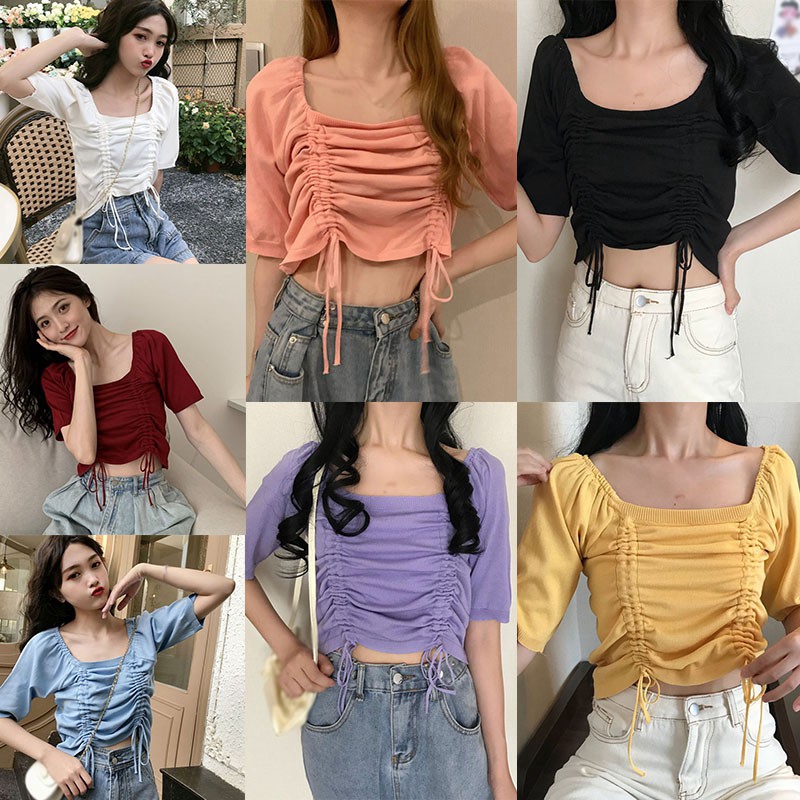 Áo Dệt Kim Tay Ngắn Cổ Vuông Phong Cách Hàn Quốc