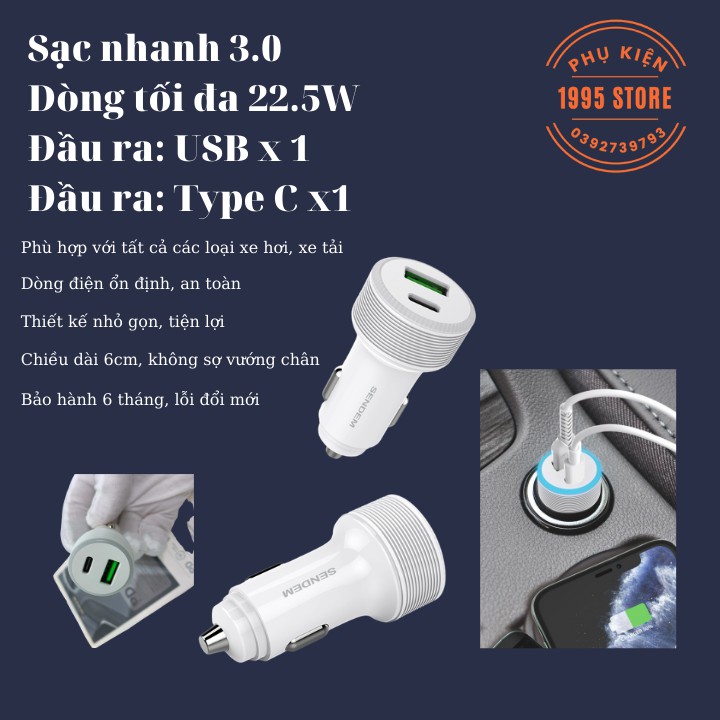 Tẩu Sạc Nhanh Ô Tô 22.5W có cổng Type C chuẩn sạc nhanh cho các dòng máy Samsung, Android, Iphone SENDEM D8