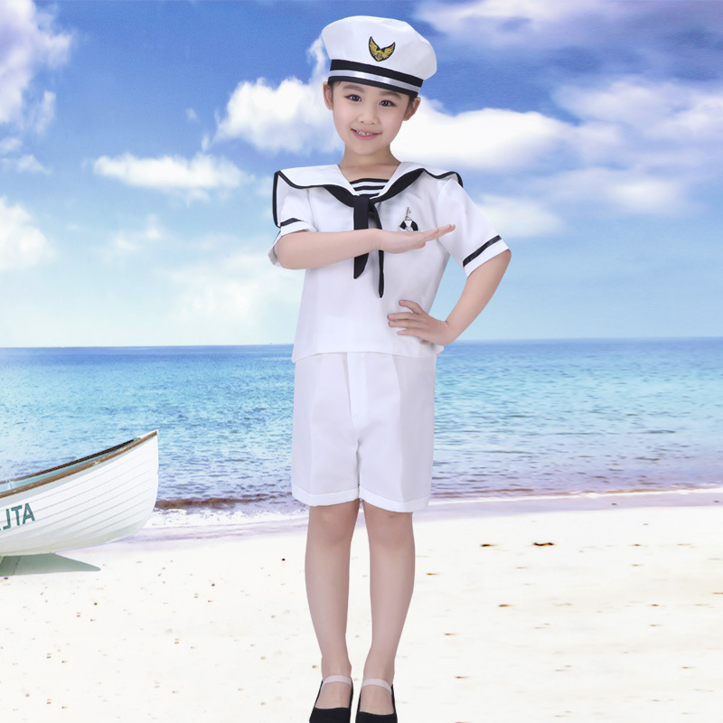 Kids White Nautical Sailor Costume Girls Sailor Dress Boys Navy Shirt Suit Set with Hat