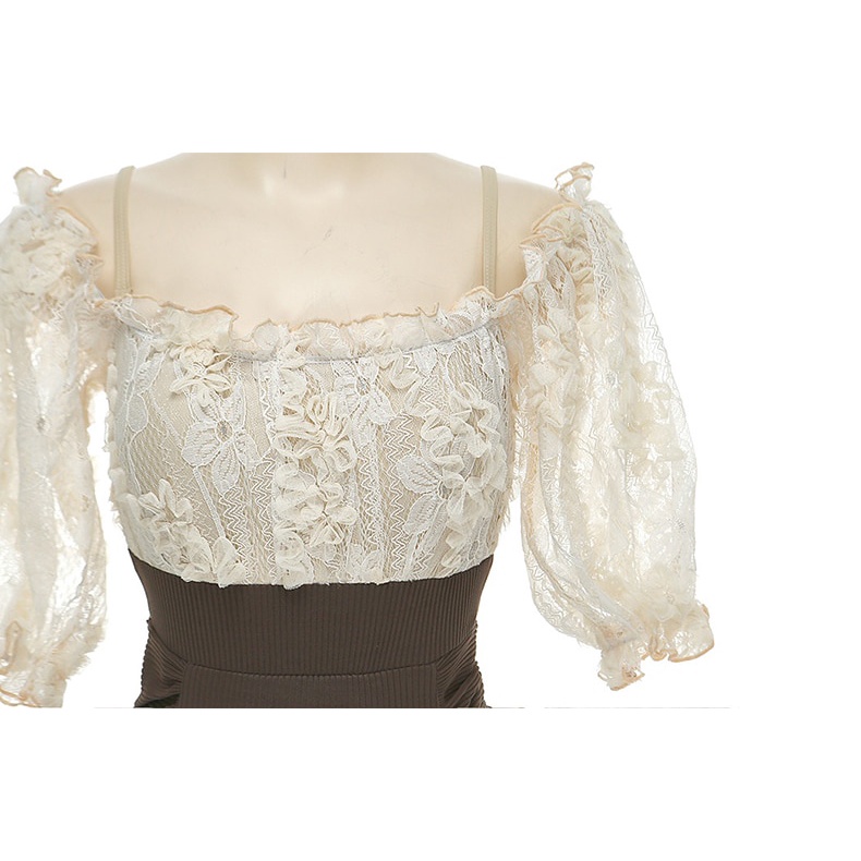 Bikini liền mảnh trễ vai ren hoa nude phối nâu sang chảnh Hàn Quốc che bụng tốt có bigsize, đồ bơi thời trang