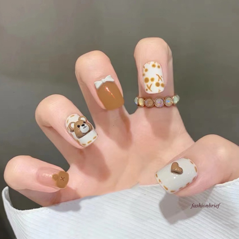 [Hàng mới về] Set 24 móng tay giả hình chú gấu đáng yêu thời trang dành cho nữ
