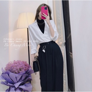 Áo sơ mi cổ V mix áo len cổ lọ( áo liền)
