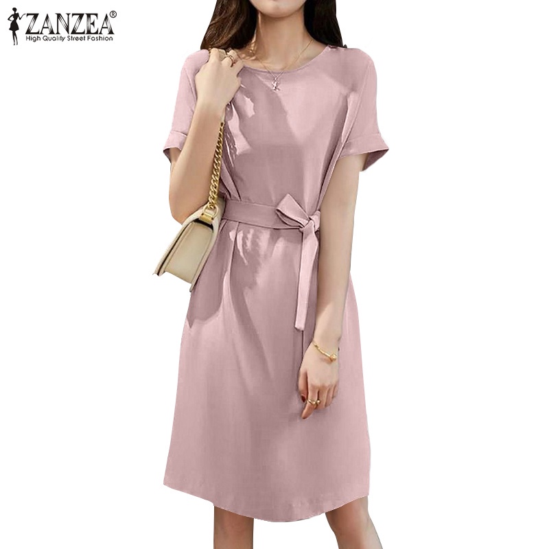 Đầm ZANZEA ngắn tay cổ tròn màu trơn thanh lịch tao nhã cho nữ
