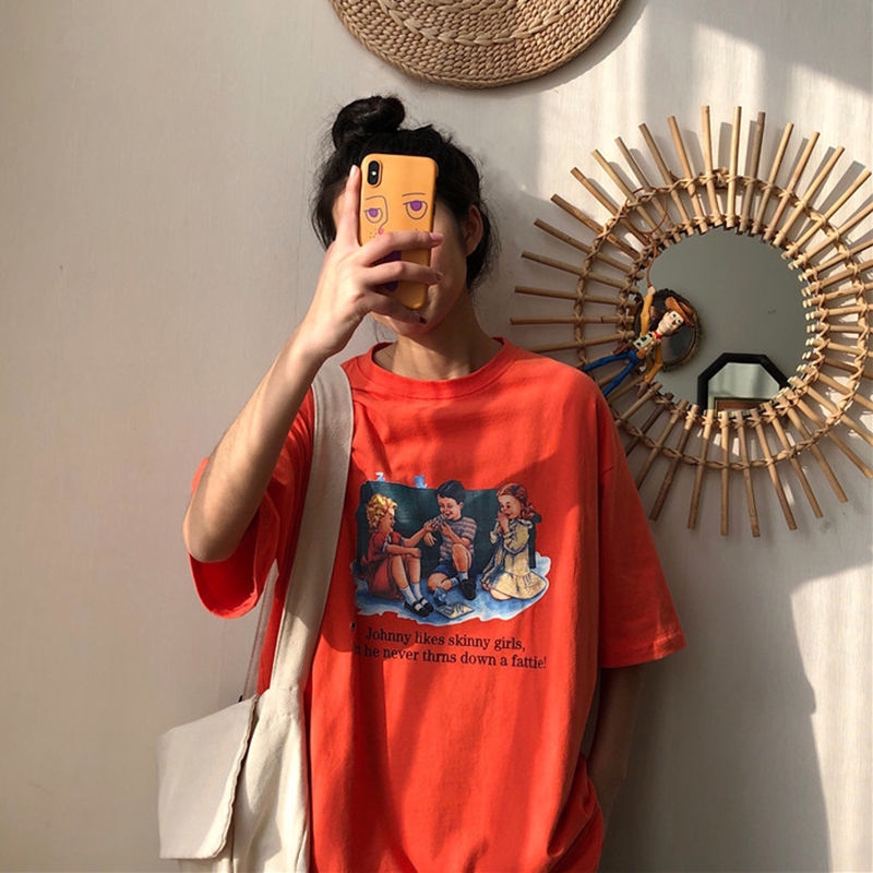 Áo thun tay ngắn cổ tròn dáng rộng in họa tiết phong cách mùa hè Hàn Quốc trẻ trung cho nữ