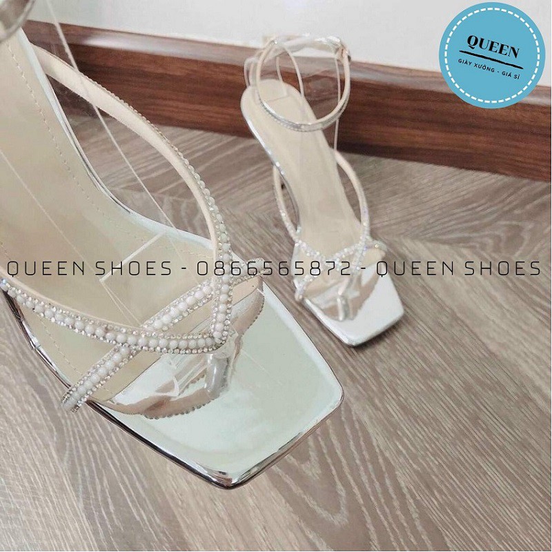 giày sandal nữ cao gót đế nhọn 9 phân quai mảnh xỏ ngón đính đá sang chảnh - SD43