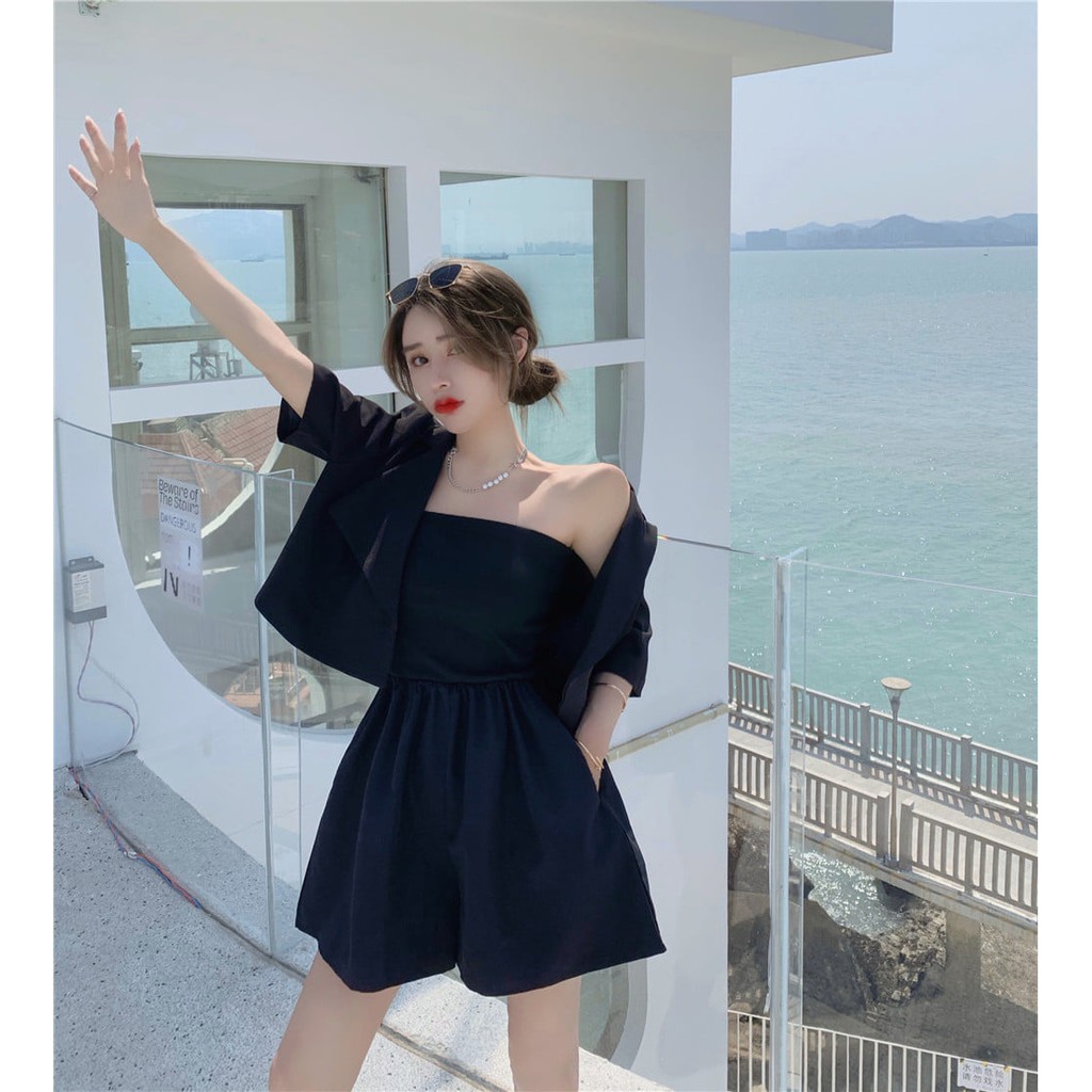 Set jumsuit kèm áo khoác lửng dáng vest cộc tay Set bộ áo liền quần jumsuit mix áo khoác dáng vest lửng hot trend C205 | BigBuy360 - bigbuy360.vn