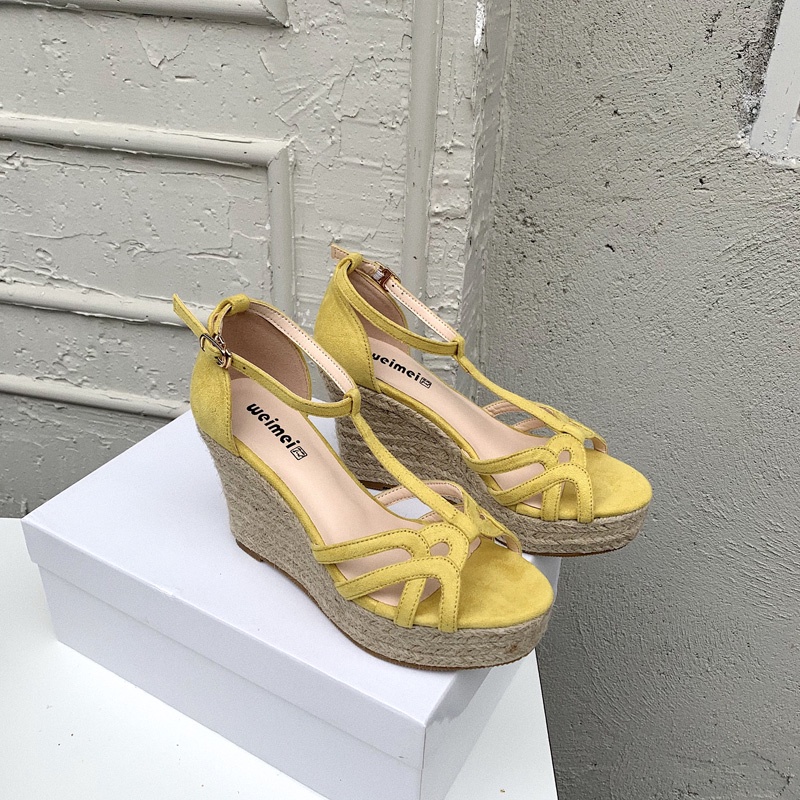 Giày Sandal Cao Gót Đế Xuồng Bằng Dây Rơm Bện Phong Cách Âu Mỹ 2022