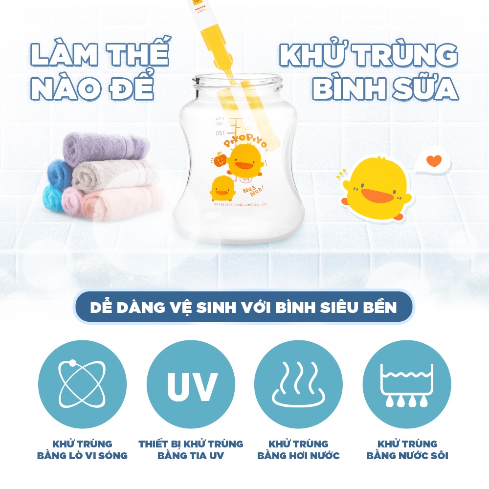 Bình sữa cổ rộng Piyo Piyo 140ml thân bình cong dễ cầm, nhựa PP không chứa BPA