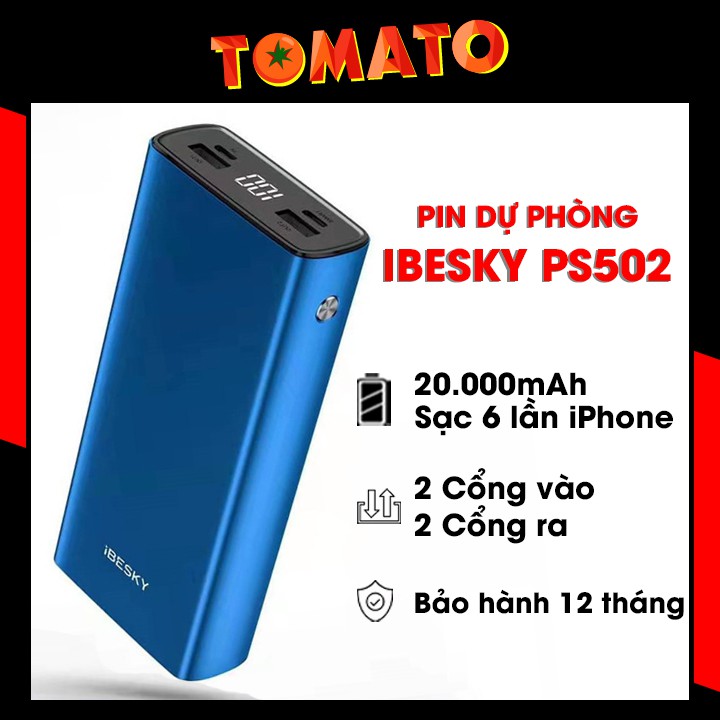 Pin sạc dự phòng IBESKY PS502 20000mAh SẠC 6 LẦN IPHONE, Đèn LED hiển thị pin, 2 Cổng USB - Bảo hành 12 tháng đổi mới
