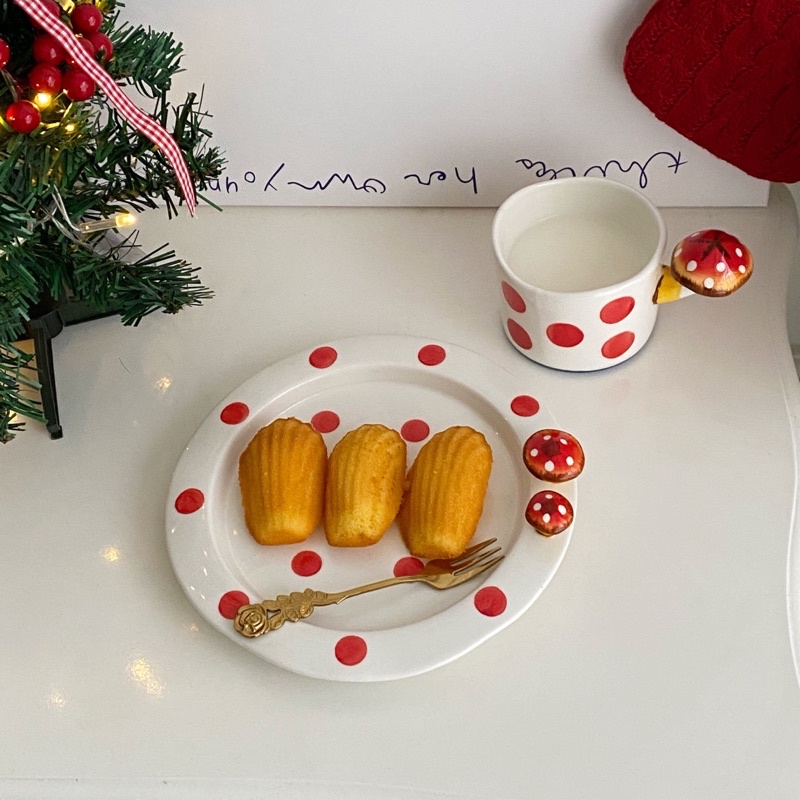 Set bát đĩa ấm tách gốm họa tiết dáng nấm siêu dễ thương